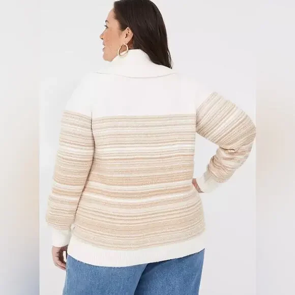 NWT Lane Bryant Cowlneck Striped Cozy Soft White Tan Warm Sweater Size 14/16 - Picture 7 of 13